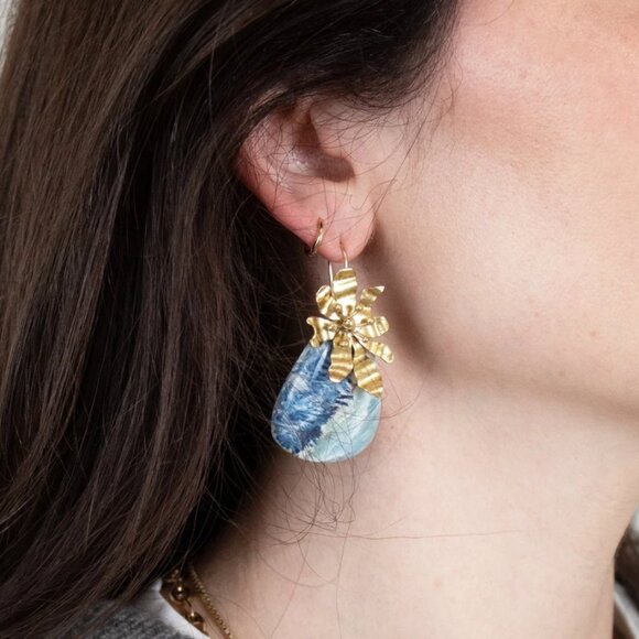 NEW NIB Ulla Johnson Floret Stone Drop Earrings Womens Blue Gold Floral Gray Set - Picture 3 of 8